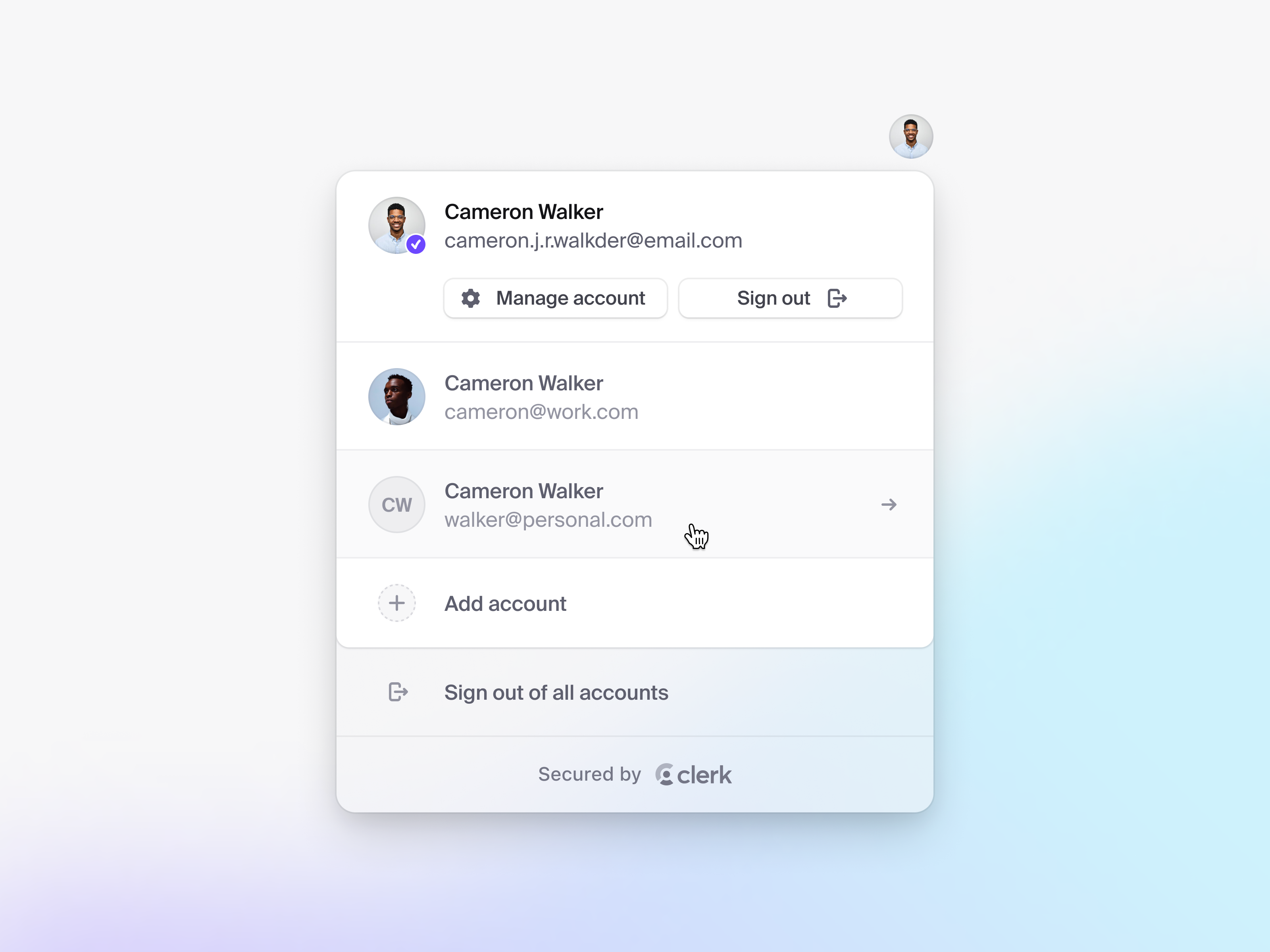 🔒 Secured by Clerk.com account switcher design system product design sign in ui components ui design user button user management