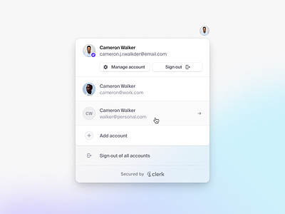 🔒 Secured by Clerk.com account switcher design system product design sign in ui components ui design user button user management