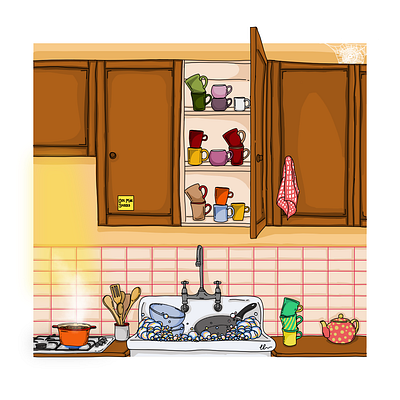 Mug Cupboard and Kitchen Sink adult life bold colourful fun human spirit humour illustration illustrator impactful kicthen life people