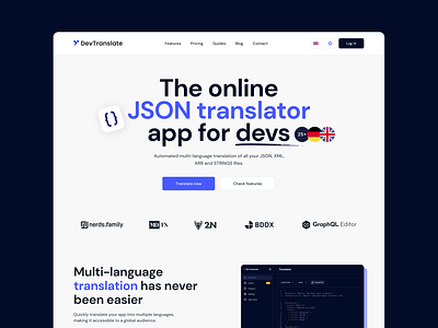 DevTranslate App blue dev tool json landing page language languages minimal translator uidesign user interface
