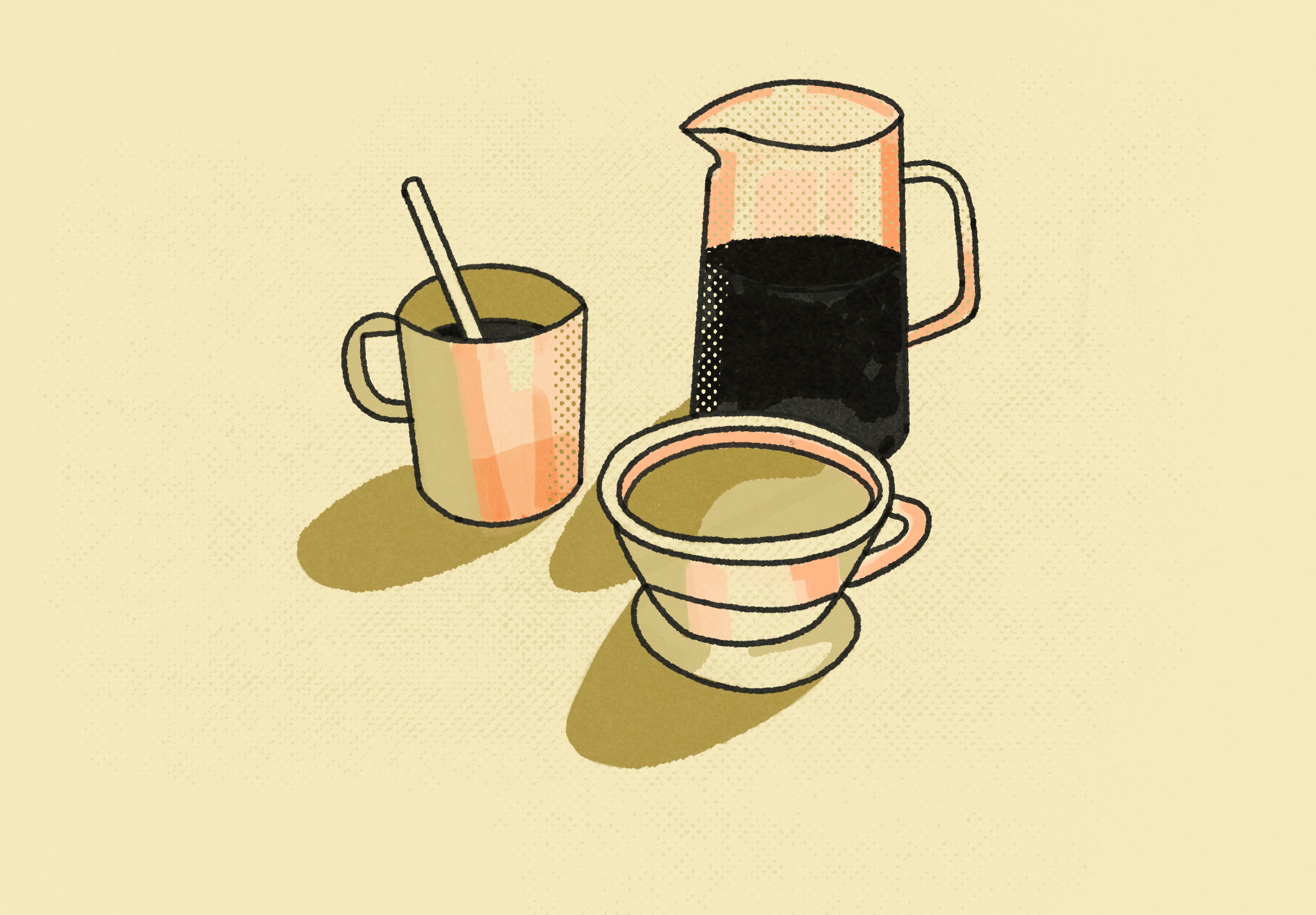 Coffee Utensils art direction beige brewing brown coffee coffee brew coffee supplies coffeeshop colorful design halftone illustration lineart offwhite procreate red texture truegrit