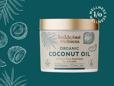 Logo and illustrative label for coconut oil branding coconut cosmetic drawing gold graphic design green hand drawn illustration jar label logo oil organic