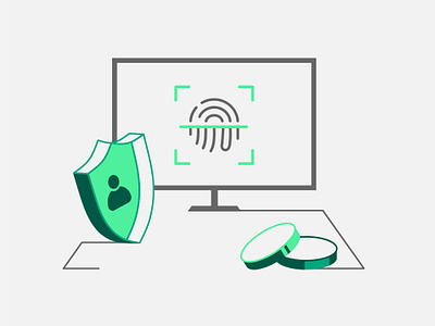 Authentication 3d armor authentication coin finger print green illustration minimal monitor security shield simple ui web illustration