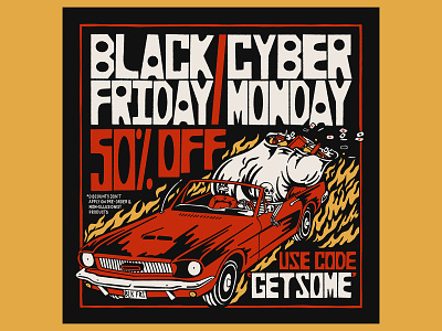 Black Friday Graphic american automobile black friday bold discount fire graphic design hand drawn illustration logo magic muscle car mustang playing cards promotion retro santa sack skeleton typography vintage