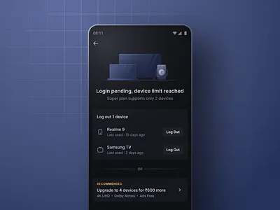 Device Restriction for Disney+ Hotstar account sharing blocker devices disney disney hotstar error figma friction illustration login netflix onboarding ott prime video subscription ui design upgrade upsell ux youtube
