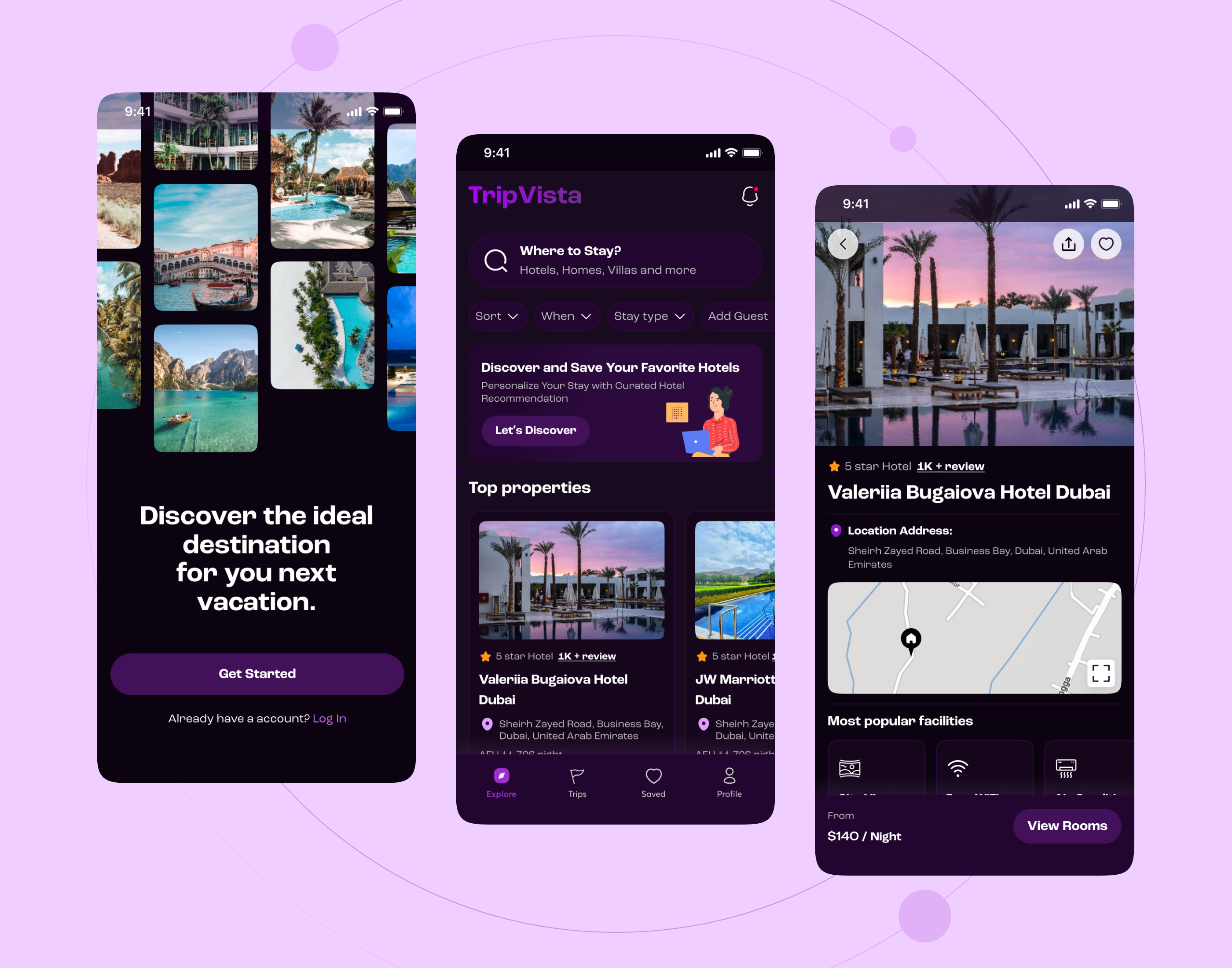 TripVista - Travel Mobile Application Design app design application booking app clean design destination home hotel hotel booking location location discover logo mobile app mobileui search show travel trip app trip booking user interface