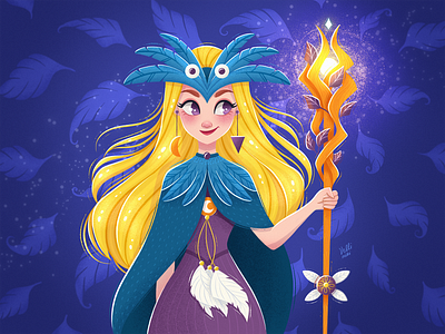 A Maiden who helps the birds, Character art artist bird blue character concept design fairytale feather girl illustration maiden nature owl violet woman yellow