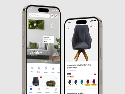 Furniture Mobile App banner button chair decor e commerce furniture interior marketplace menu navbar photo popup search sofa tab ui design