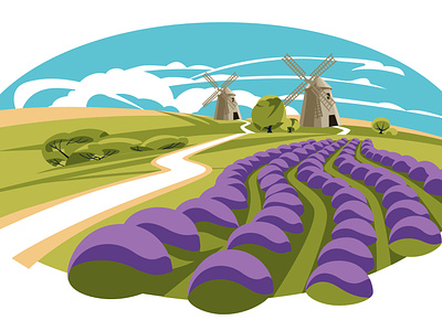 Lavender fields. Provence. France classic fiels flat france historic illustration landscape lavender old sky traditional vector art windmill