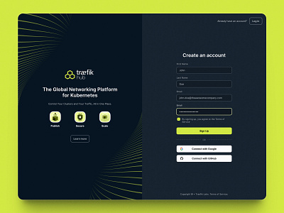 Traefik Hub Sign Up screen api dark hub log in neon registration saas sign in sign up traefik ui ux