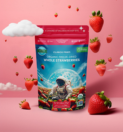 Claros Farm - Freeze-Dried Strawberries ai ai generated artificial inteligence astronaut branding cosmic midjourney mockup package design strawberries