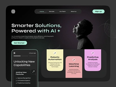 Artificial Intelligence Landing Page ai artificial intelligence branding clean dark dark theme design interface landing page minimal popular ui ui design uiux user interface ux ux design uxui web page website