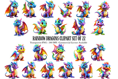 Rainbow Dragon Clip Art bundle cartoon clip art clipart cute dragon illustration png rainbow set