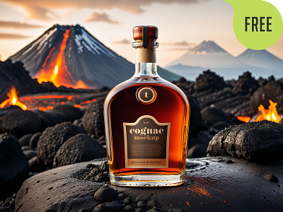 Free Cognac Bottle Mockup near Volcanic Lava. AI Generated alcohol beverage bottle cocktail cognac drink free freebie glass label lava logo mockup pack package rum spirits tequila volcano wiskey