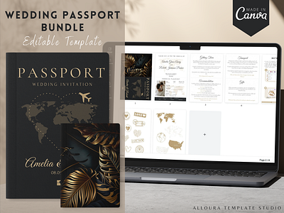 Wedding Passport Invitation Template - Editable with CANVA brochure canva template creative design editable template magazine template wedding bundle wedding invite wedding passport