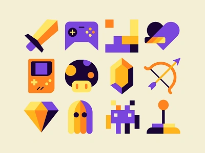 Retro gaming icon set 8 bits controller design flat gamepad geek health bar icon set icons illustration leo alexandre vector video game