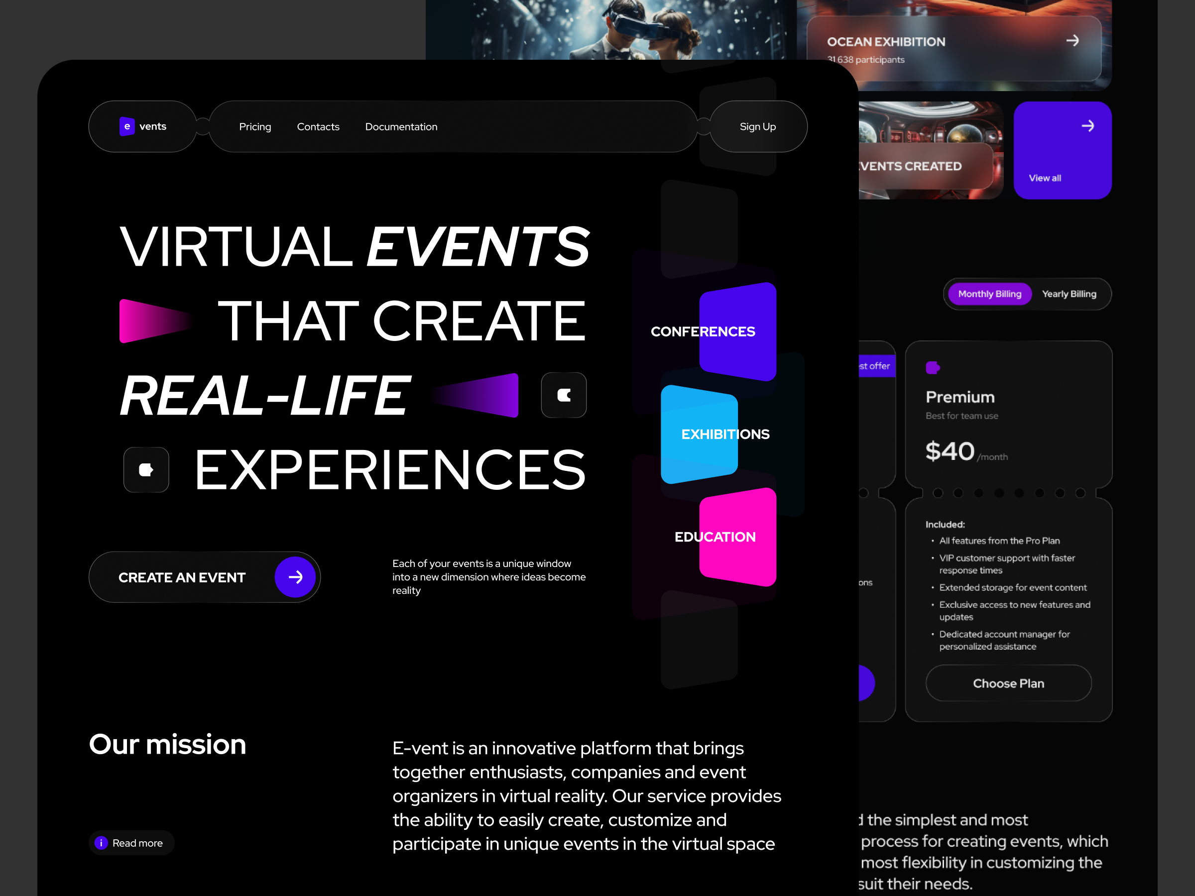 Virtual Event Platform ai branding concept dark theme event graphic design helmet landing platform product design technology ui virtual reality vr web web design web ui website design