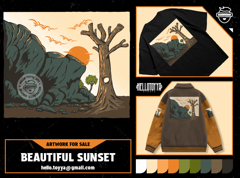 (DESIGN FOR SALE) FOIllustration of the sun behind a cliff artwork for sale cliff illustration clothing design customartwork designforsale digital artwork forest graphic design illustration logo illustration print tshirt summer sunset tree illustration tshirt design vintage vintage poster illustration