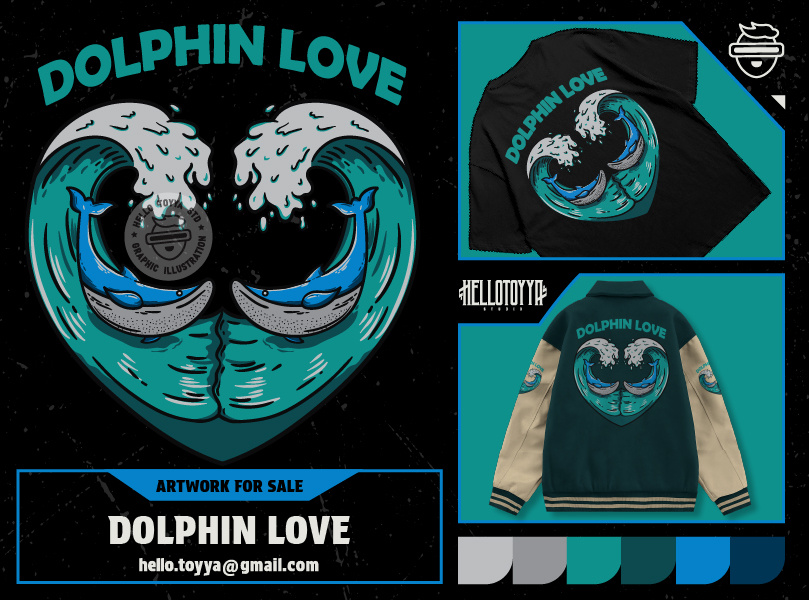 (DESIGN FOR SALE) Illustration of Waves of Love and Dolphins animal artwork for sale clothing clothing design customartwork designforsale dolphin illustration dolpin for sale graphic design illustration logo illustration love design merchandise design ocean outdoor apparel print tshirt surfing tshirt design wave ocean