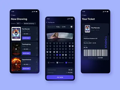 Movie Ticket Booking App booking clean dark mobile app movie movie ticket ticket ui