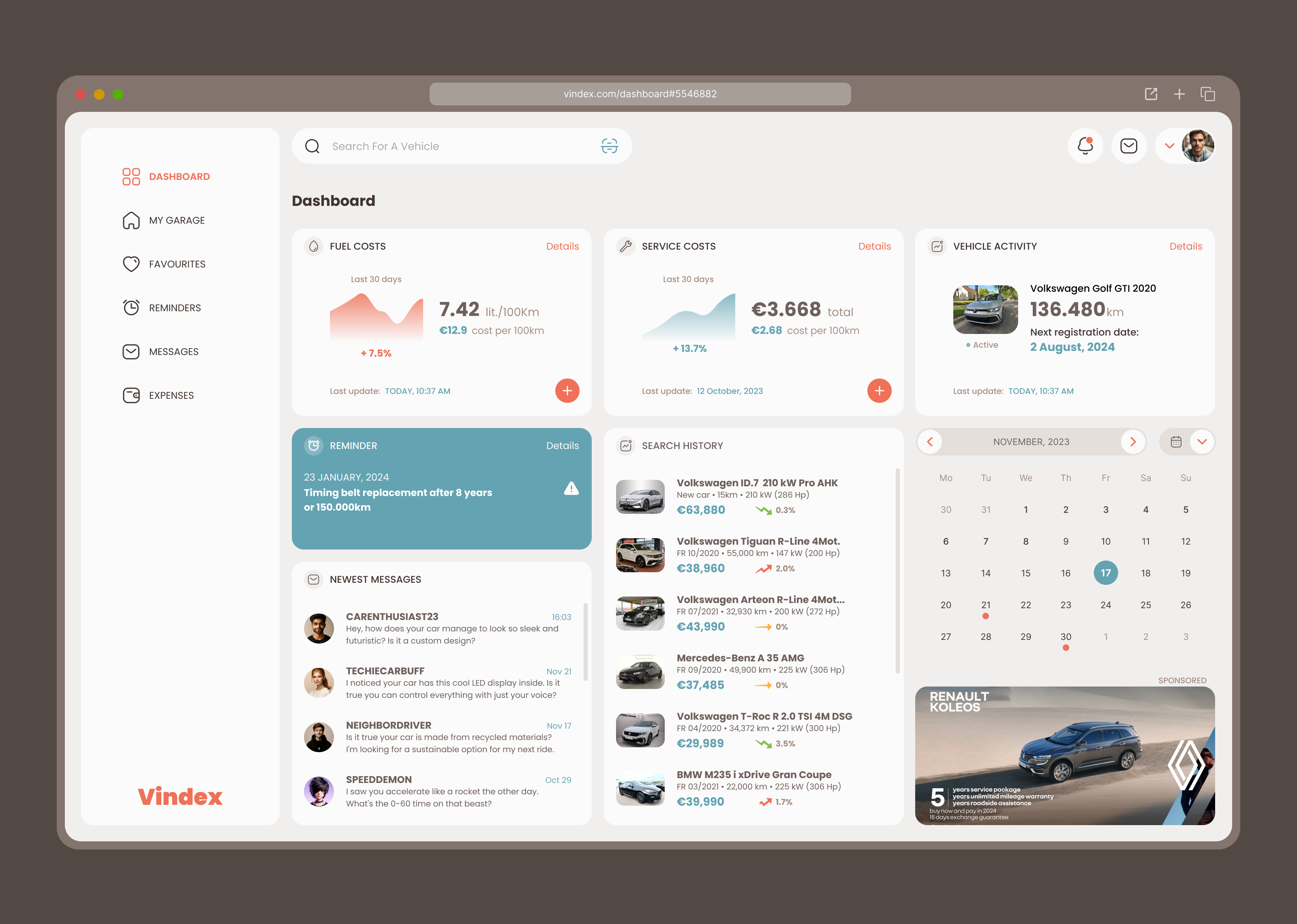 Vindex - car monitor app app calendar car dashboard garage mechanic messaging ui ux vehicle website