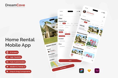 DreamCove - Home Rental Mobile App apartment application browse estate interface investment layout property real rent screen sketch ui user ux