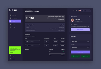 FINI-Money Management Dashboard dark mood dashboard finincal app ui uiux design web dashboard