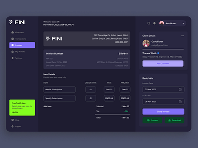 FINI-Money Management Dashboard dark mood dashboard finincal app ui uiux design web dashboard