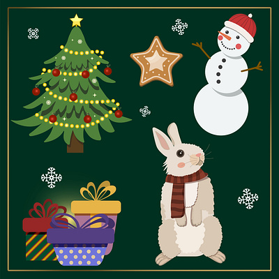 Christmas characters and elements collection bunny christmas christmas set christmas tree cookie cookies gift gift boxes happy holidays merry christmas new year new year card postcard rabbit seasons greetings snow snowman vector winter
