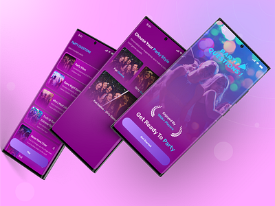 Party App UI Design | Celebration blue color app design dark theme design get started screen home screen onboarding screen design party app party app ui design party splash screen ui card designs