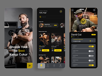 Barber Shop App ✂✂✂ app barber barber app black branding dark mode logo masculin minimalist mobile orange ui ux yellow