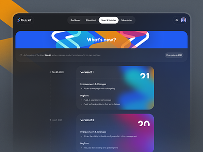 Quickit UI Kit - Changelog & Updates page ai app change changelog dark dashboard free freebie gradient kit news orange quickit udix ui updates ux web yellow