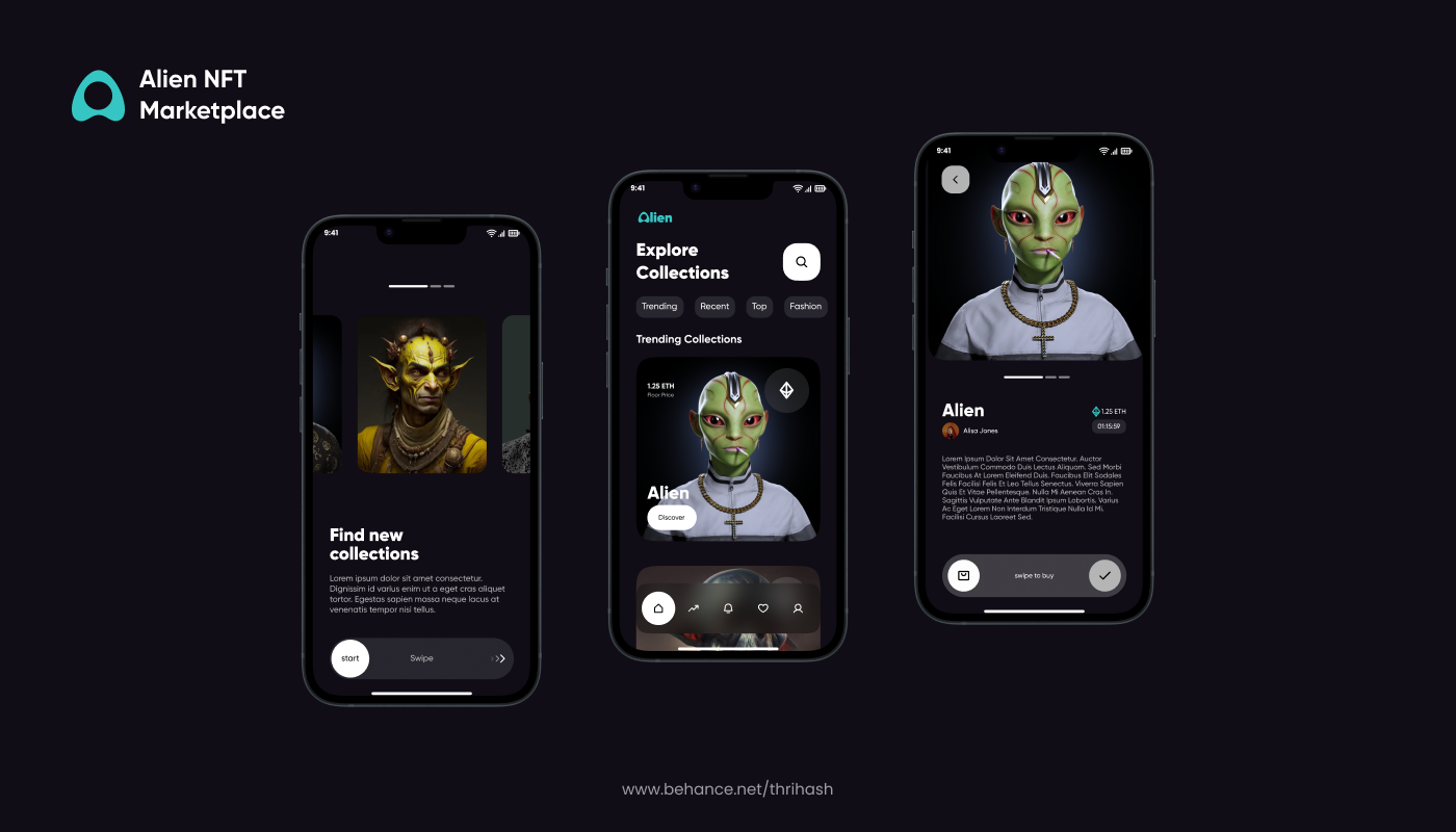 Alien NFT Marketplace App Design animation appdesign blockchaininnovation branding cryptoart cryptomarketplace design digitalart digitalassets innovationintech mobiledesign nftapp typography ui uiuxdesign userexperiencedesign userinterface ux