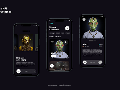 Alien NFT Marketplace App Design animation appdesign blockchaininnovation branding cryptoart cryptomarketplace design digitalart digitalassets innovationintech mobiledesign nftapp typography ui uiuxdesign userexperiencedesign userinterface ux