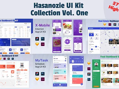 Hasanozie UI Kit Collection Volume One app business collection course dashboard discount figma financial fitness health kit map psd sketch task ui uiux ux website xd