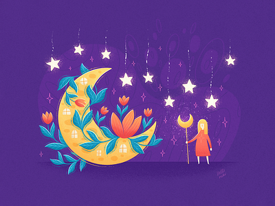 Magic Girl and floral moon, illustration art artist character concept design fairytale female floral girl home illustration leaves moon flower nature star stars woman