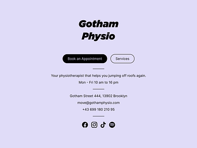 Gotham Physio - Physiotherapist landing page business business card business web call to action card design contact contact information cta design hero section landing landing page links mobile design responsive design responsive layout socials ui virtual business card webdesign