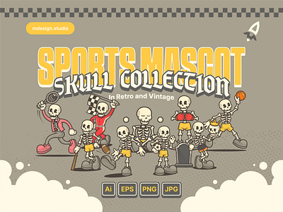 Sports Mascot Skull Collection in Retro and Vintage animation branding character clothes illustration mascot retro skull sport vintage
