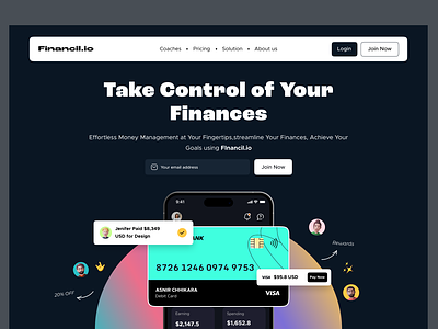 Financil.io - Landing page bank branding clean credit card credit score design finance fintech app landing page layout mobile mobile responsive money money management payment tracking uiux walleth tracking web design website