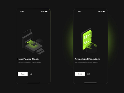 #23 on boarding Screens (Fintech app) 023 animation clean concept daily dailyui darkmode darkmode app design finance illustration ios minimal mobile app mobile app designs mobileui modern designs ui uiux userexperience