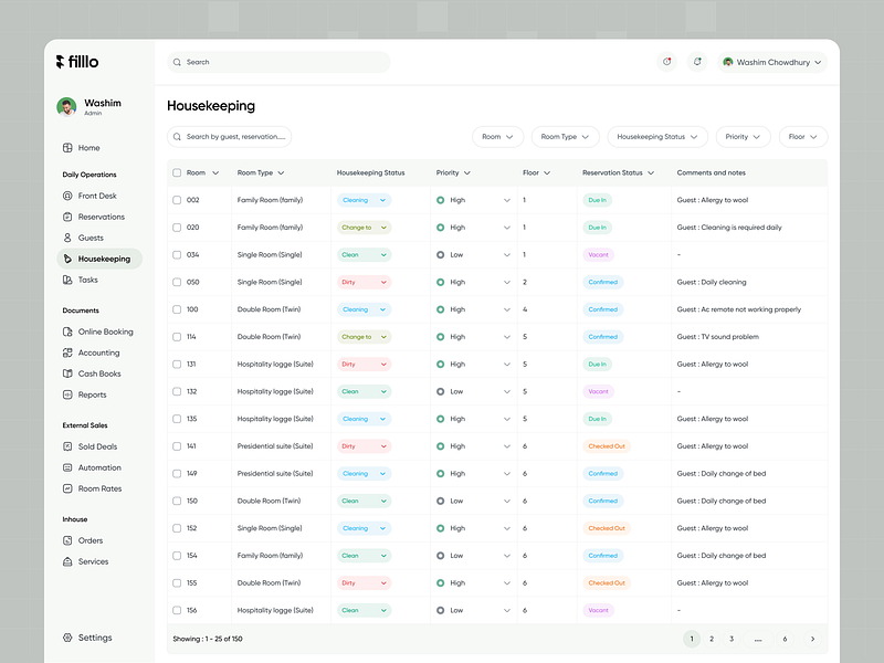 Hotel Management - Housekeeping admin booking check in check out clean design cleaning filllo guest guest comment hotel hotel boy housekeeping management order reservation saas services task uiux webapp