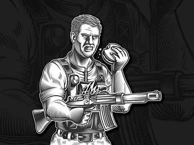 Armed burger lover - vector illustration armed black and white engraving etching game character hamburger hand drawing illustration ink line art linocut mascot military retro rifle shooter skirmish soldier vector woodcut