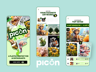 PicOn - Foster Artistry: Share & Vote for your stunning Artwork. ai app design artwork case study clean creative generate inspiration interaction leaderboard picker picture post prototype ranking reward share solution ui vote
