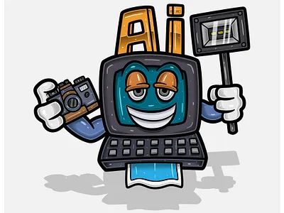 Computer AI Cartoon Character Holding Camera And Flash. graphic design technology