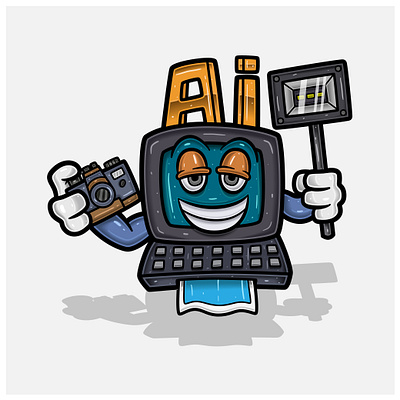 Computer AI Cartoon Character Holding Camera And Flash. graphic design technology