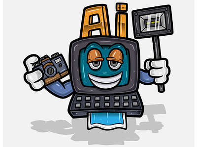 Computer AI Cartoon Character Holding Camera And Flash. graphic design technology