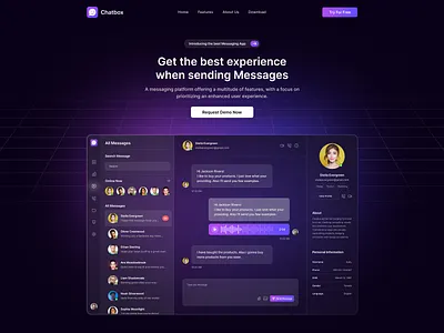 Chatbox Messaging App chat dark mode dashboard glass morphism messaging user interface