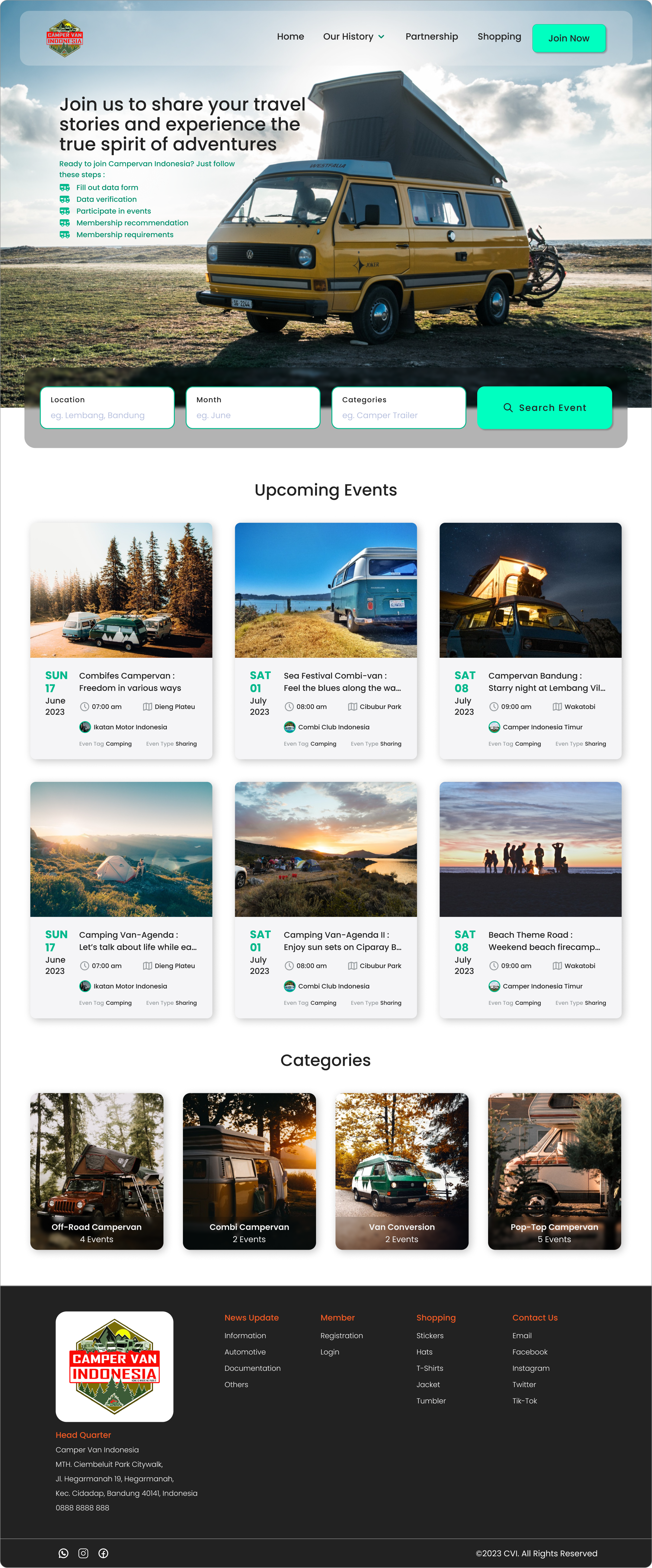 Community Website Design: business landing page, site designer branding bright bussiness site campervan camping car community component dashboard design events graphic design hero section landing page login logo ui ux web page website