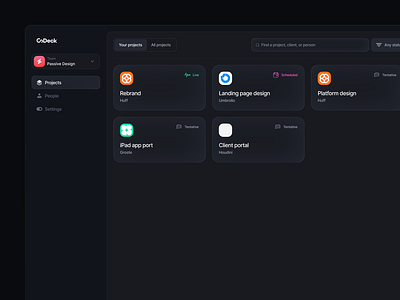 CoDeck project dashboard cards dark darkmode dashboard filter projects search ui