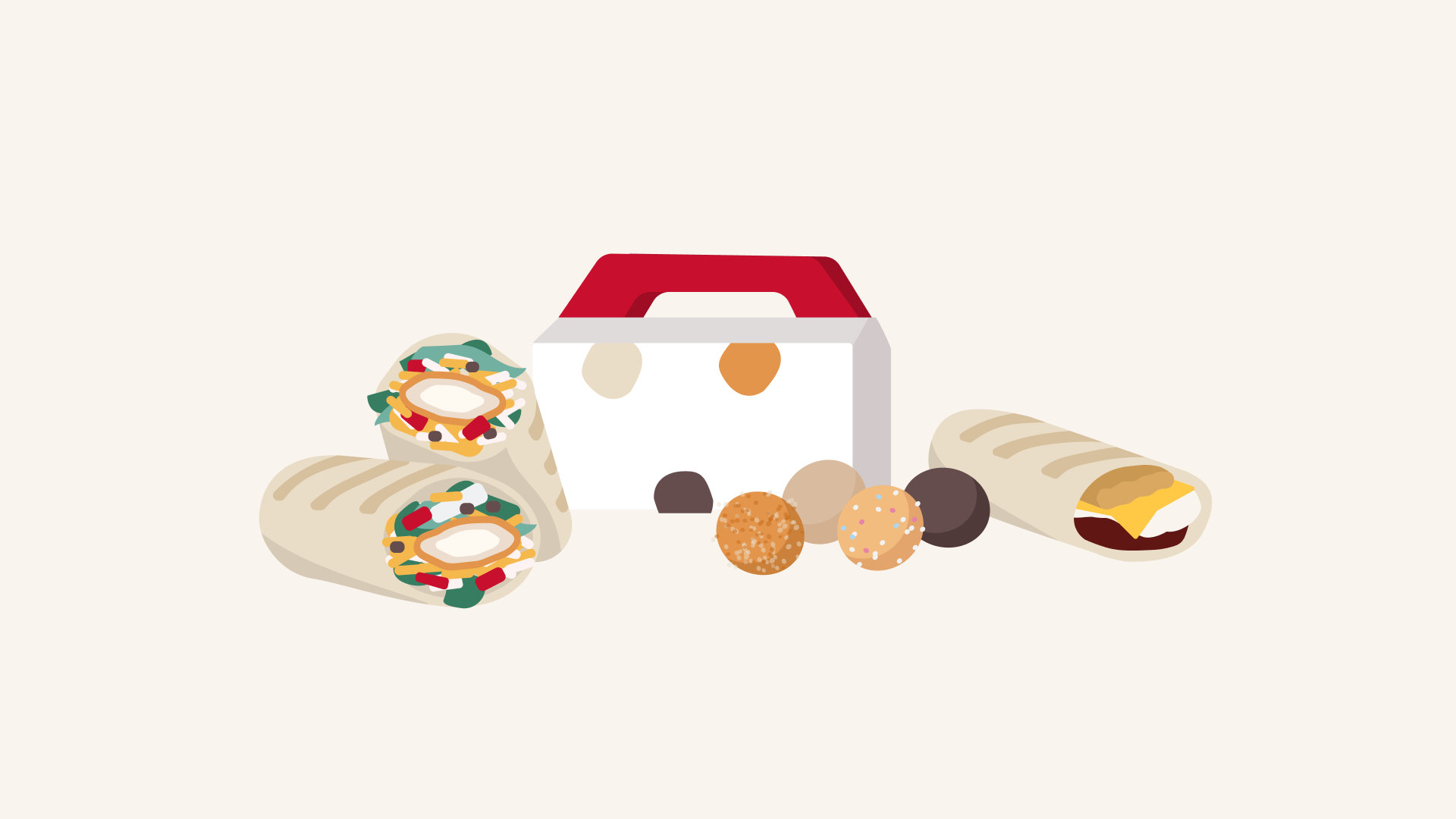 Always Fresh bold breakfast bright chicken wrap donut hole flat food illustration snacks vector